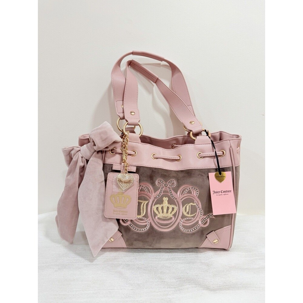 Juicy Couture Juicy Lover’s Club Daydreamer Tote Iced Coffee Pink Velour Bow NWT